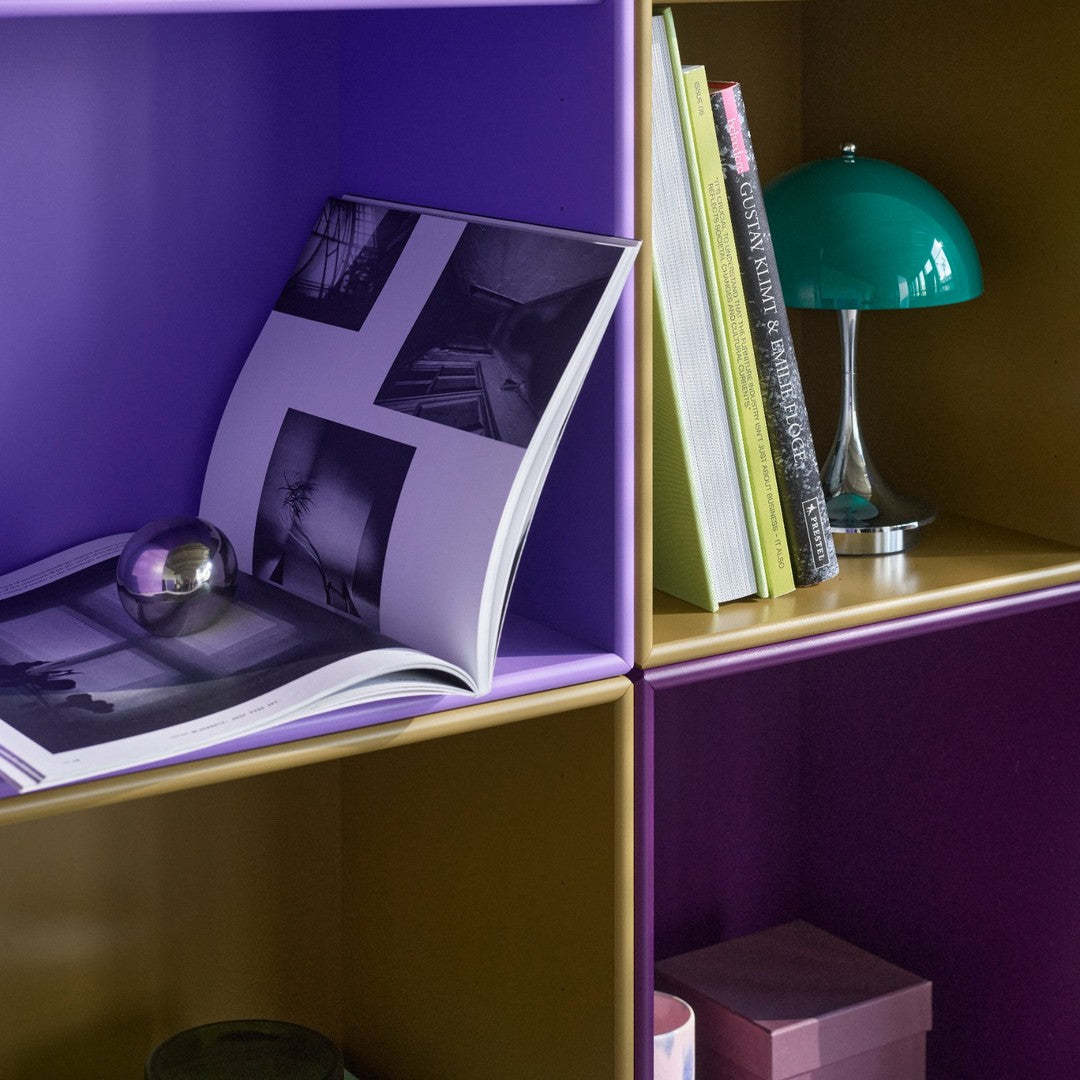 Colorful shelving unit featuring vibrant purple and warm yellow hues with a sleek, modern design.
