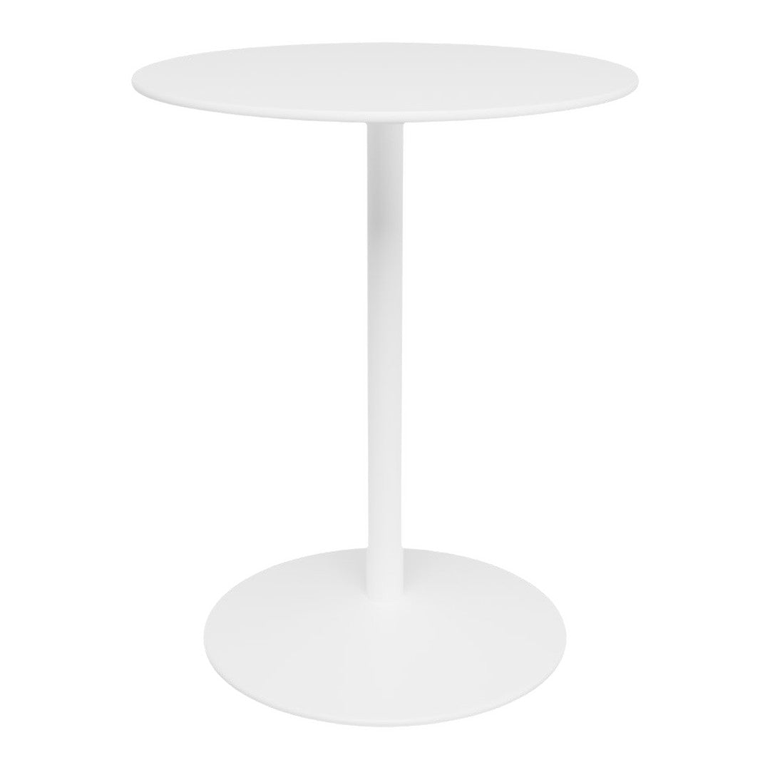 Round white table with a smooth, minimalist design and a solid base, perfect for modern decor.