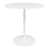 Round white table with a smooth finish and a minimalist design, featuring a sleek round base and pedestal stand.
