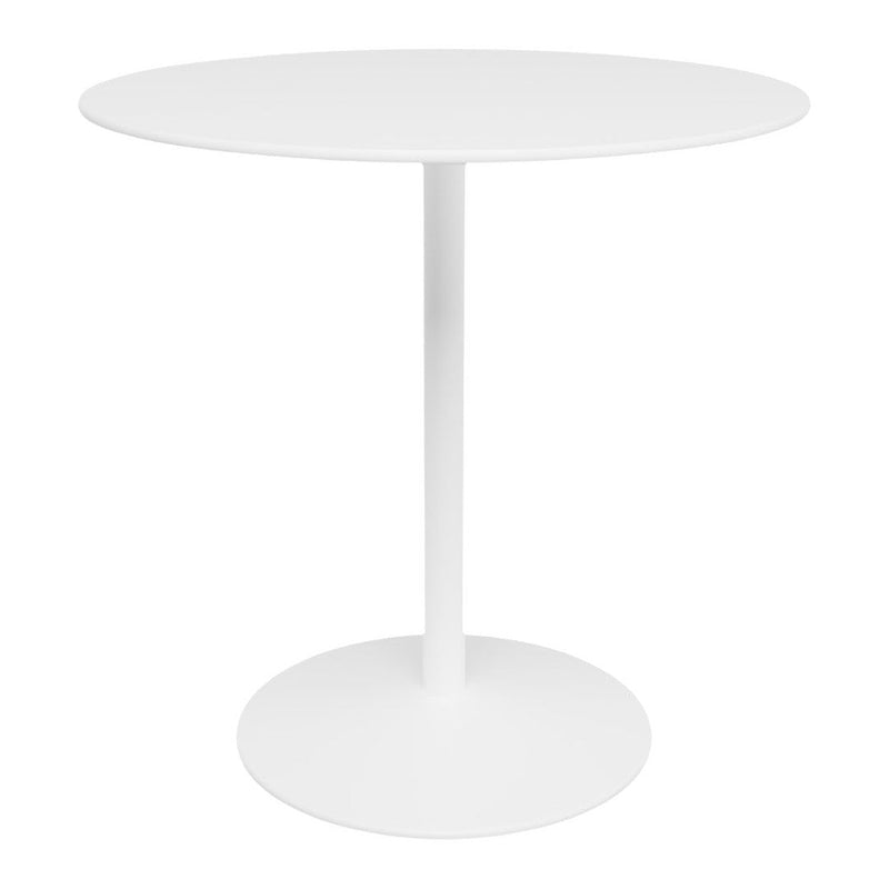 Round white table with a smooth finish and a minimalist design, featuring a sleek round base and pedestal stand.