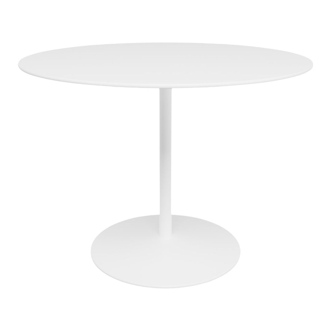 Round white dining table with a sleek, minimal design and smooth surface, perfect for modern interiors.