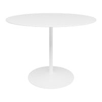 Round white dining table with a sleek, minimal design and smooth surface, perfect for modern interiors.