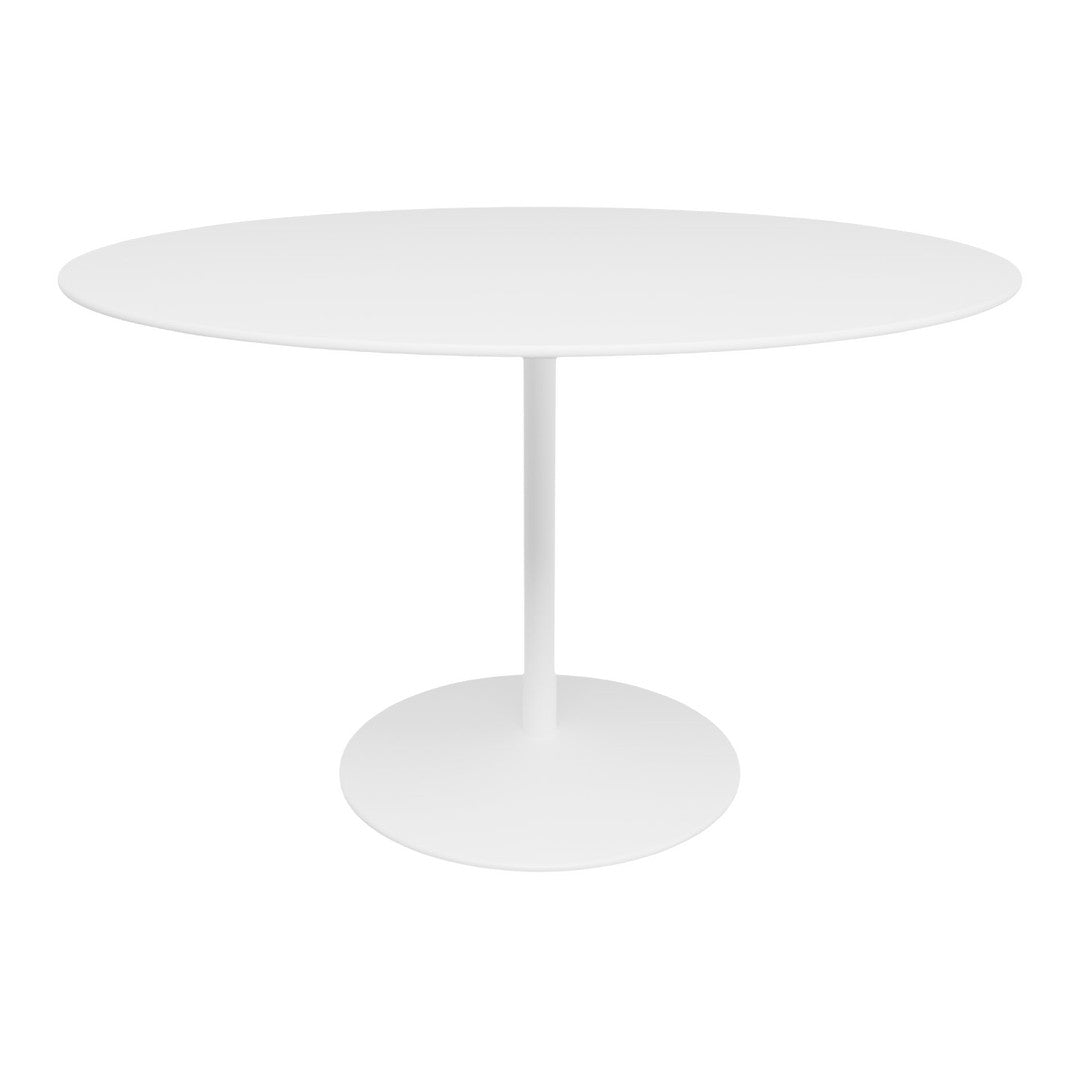 Round white dining table with a sleek, minimalist design and smooth surface, complemented by a sturdy pedestal base.