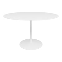 Round white dining table with a sleek, minimalist design and smooth surface, complemented by a sturdy pedestal base.