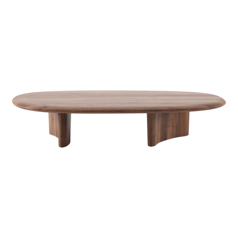 Oval walnut coffee table with a smooth, natural wood grain and minimalist design, perfect for modern interiors.