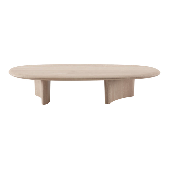 Light oak oval coffee table with a minimalist design and smooth surface, featuring natural wood grain patterns.