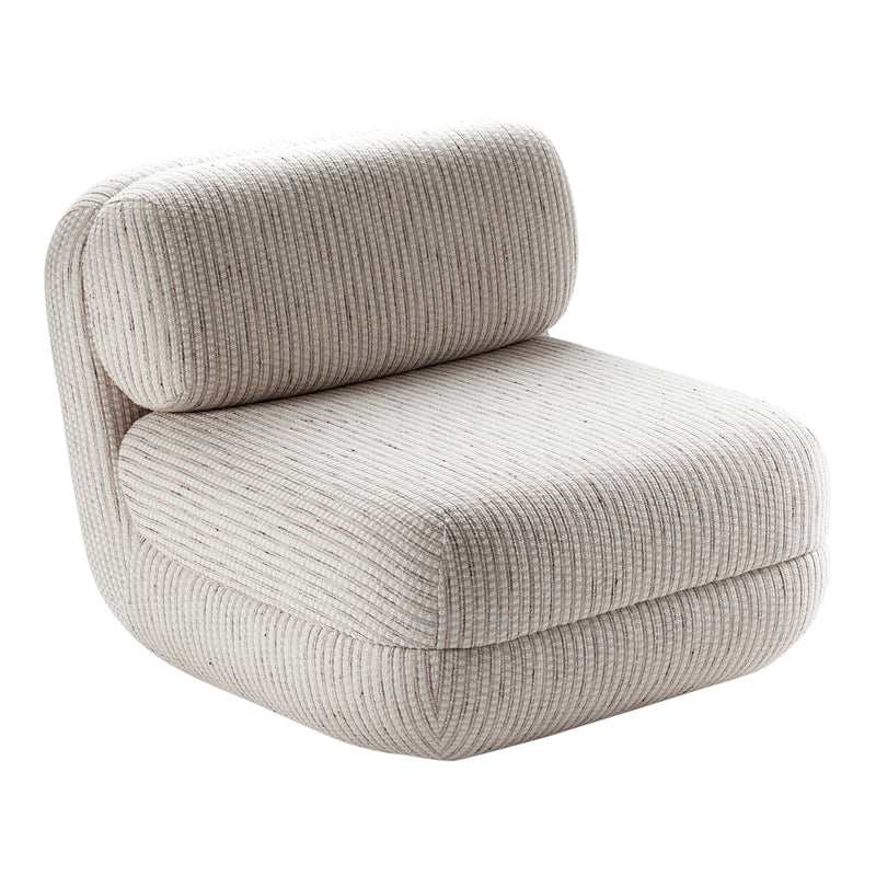 Beige ribbed upholstered chair with a soft texture and subtle speckles for a cozy, modern look.