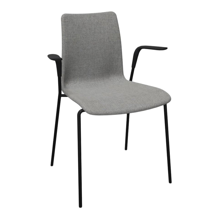 Gray upholstered chair with sleek black metal legs and armrests, featuring a minimalist design.