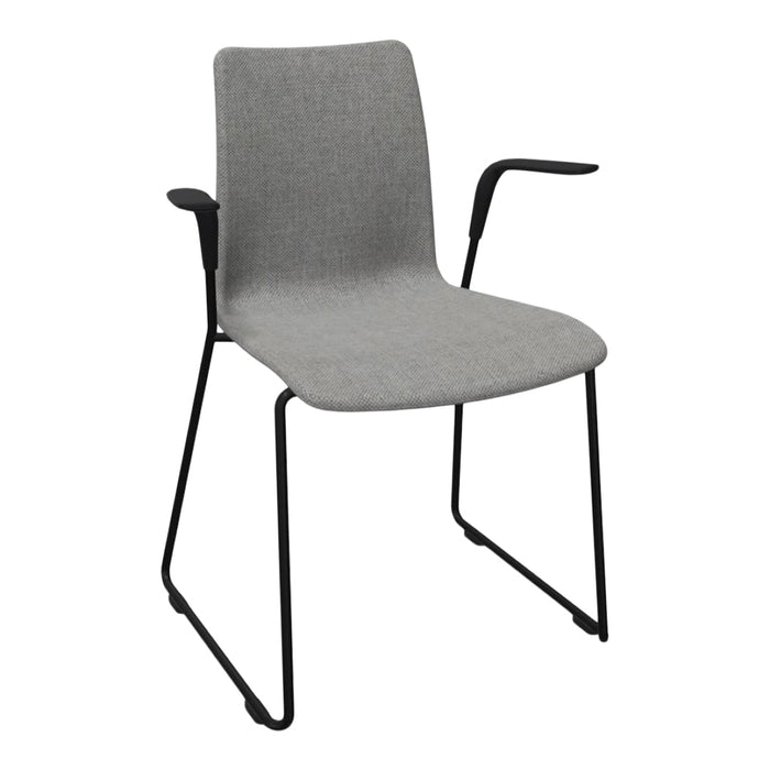 Gray fabric chair with a minimalist design, featuring black metal arms and frame for a sleek modern look.