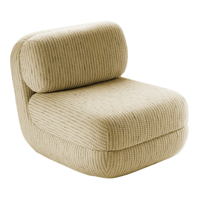 Beige ribbed upholstered chair with a soft, textured fabric and rounded edges. Perfect for a cozy living space.