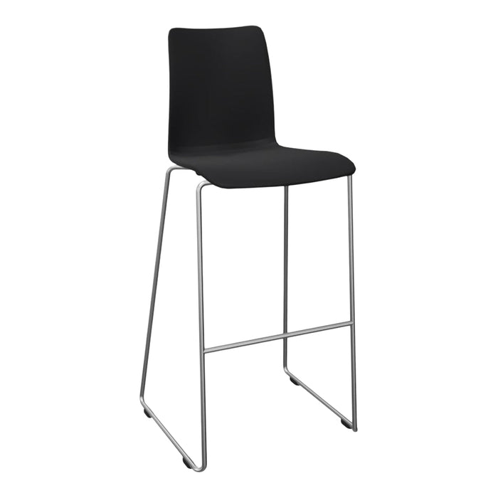 Black high stool with a sleek design and chrome legs, perfect for modern decor. Simple and stylish for any space.