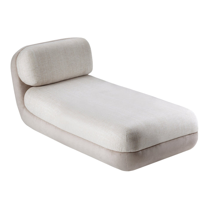 Beige chaise lounge with a smooth, textured fabric and subtle ribbed accents for a modern, minimalist look.