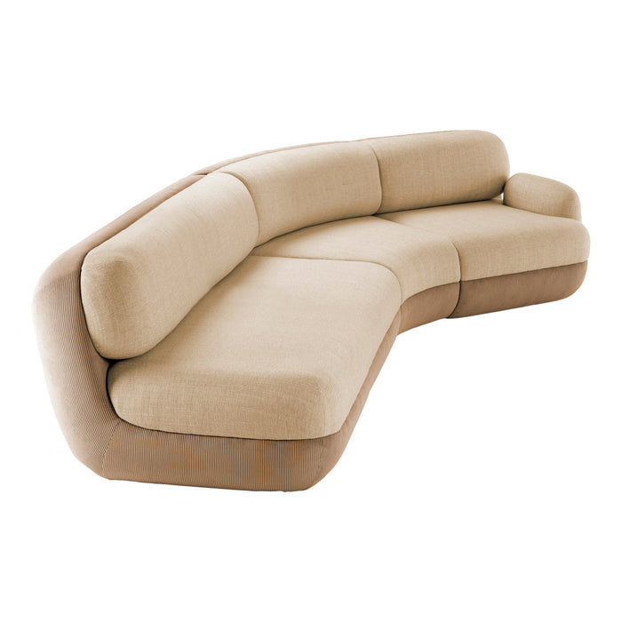 Textured beige and light brown curved sofa with seamless patterns, perfect for modern living spaces.