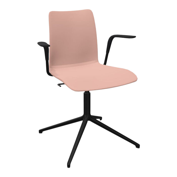 Soft pink chair with sleek black arms and a modern base, featuring a minimalist design and smooth finish.