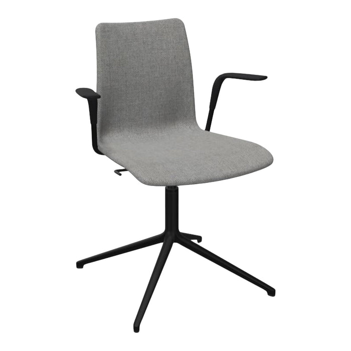 Gray upholstered chair with a sleek black metal base and minimalist design. Perfect for modern interiors.