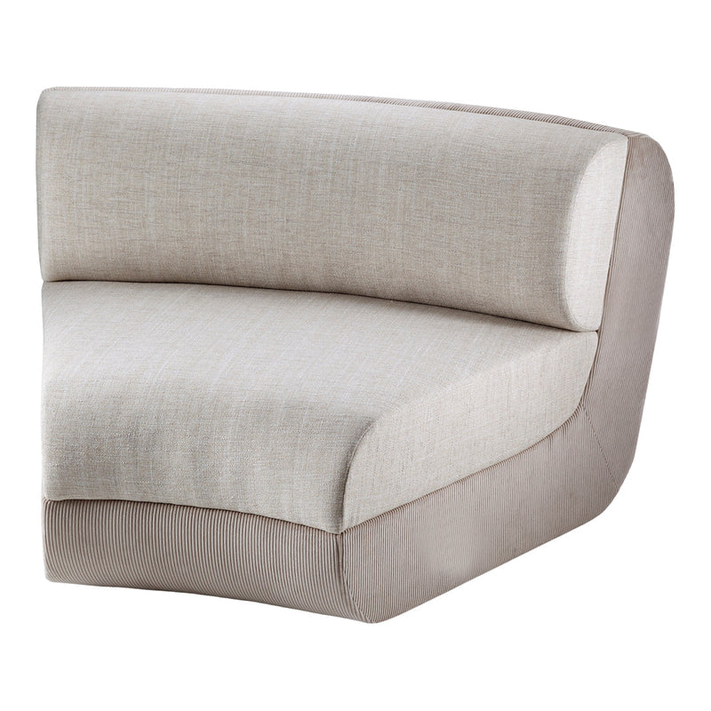 Beige curved sofa with subtle texture and contrasting striped base, ideal for modern living spaces.