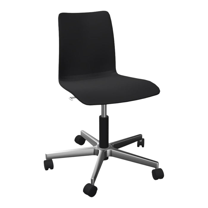 Black ergonomic office chair with smooth lines and a sleek silver base, featuring five rolling wheels.