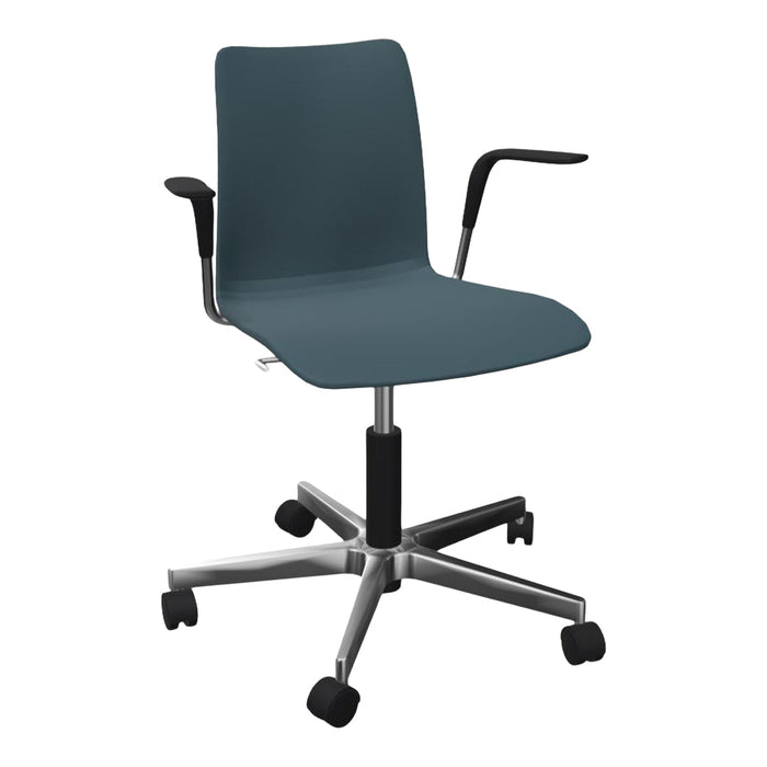 Modern office chair in deep teal with a sleek design and silver base, featuring smooth, minimalist lines.