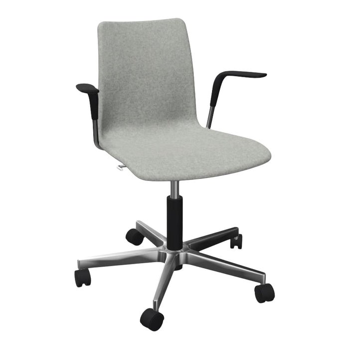 Gray upholstered ergonomic office chair with a sleek design and smooth rolling wheels. Perfect for modern workspaces.