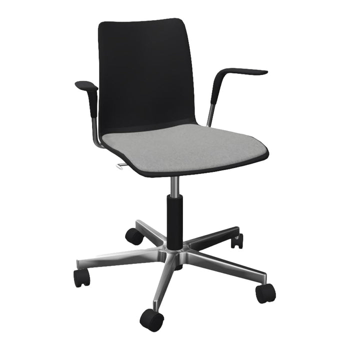 Black and gray ergonomic office chair with smooth fabric seat and sleek chrome base. Ideal for modern workspaces.