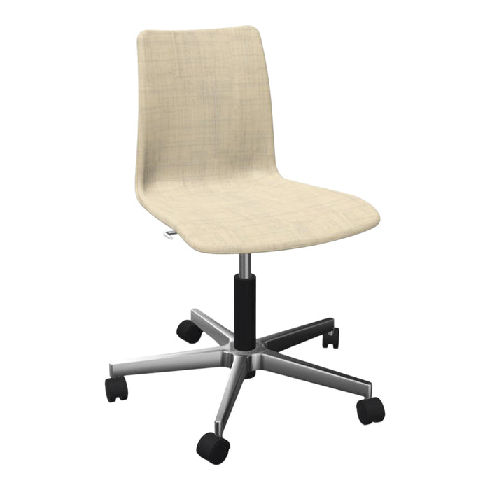 Beige textured fabric office chair on a sleek silver base with rolling wheels. Modern and versatile design.