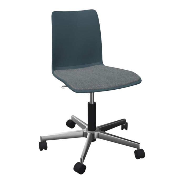 Teal and gray office chair with a sleek design and a smooth fabric seat, set on a silver five-star base.