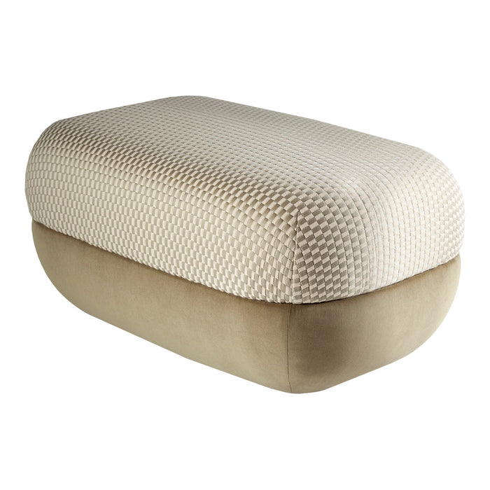 Beige tufted fabric top with a smooth, light brown base in an oval shape, ideal for modern decor.