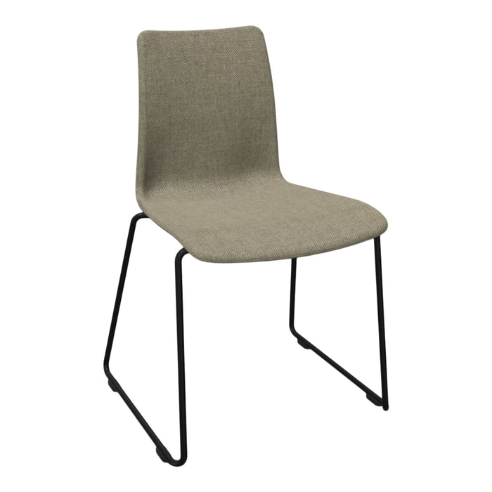 Beige upholstered chair with a sleek design and black metal legs for a modern touch. Ideal for any space.