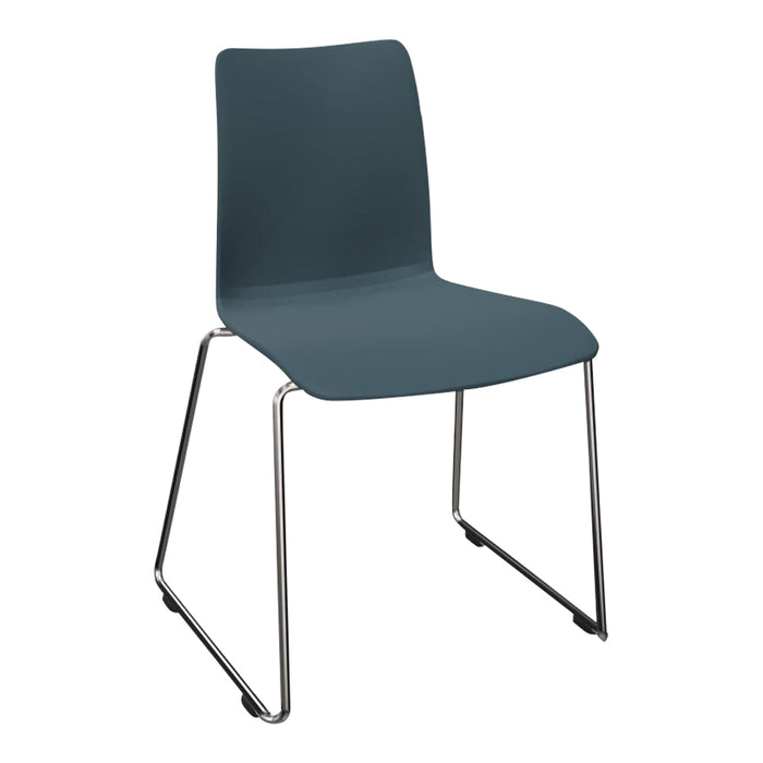 Sleek teal chair with a minimalist design, featuring a solid color and chrome legs for a modern touch.