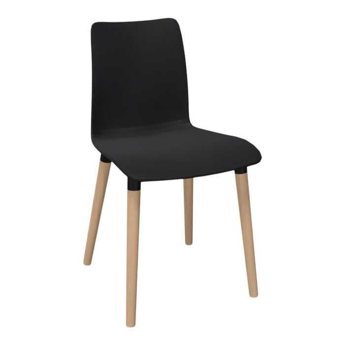Black dining chair with sleek design and natural wood legs for a modern, minimalist look.