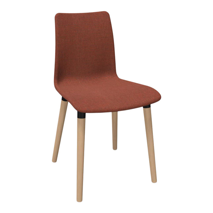 Rust-colored fabric chair with a textured pattern and natural wood legs for a modern, stylish look.