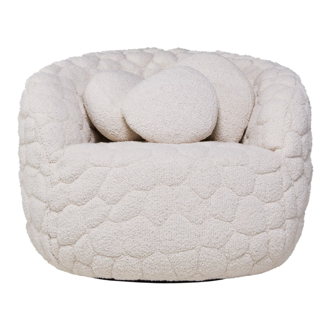 Cream-colored, textured round chair with plush, bubble-like pattern and three matching pillows.