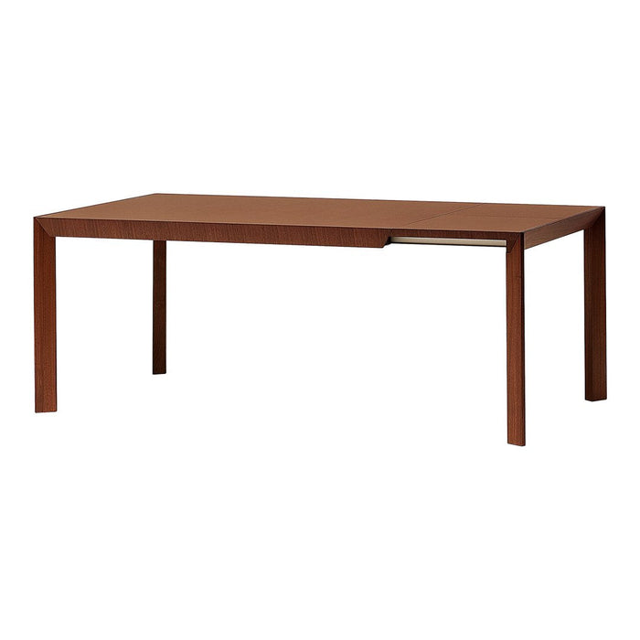 Modern rectangular dining table in rich brown wood finish with sleek, minimalist design and straight legs.