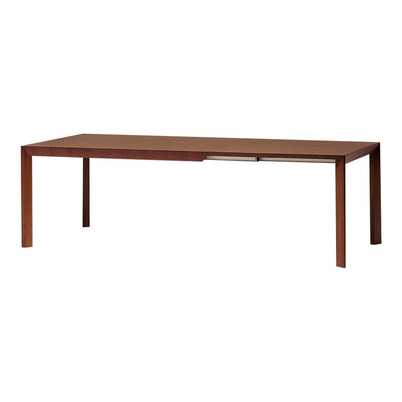 Brown wooden dining table with a sleek, modern design and clean lines, featuring a rich walnut finish.