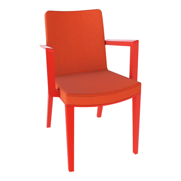 Bright orange chair with smooth fabric seat and sleek, modern design featuring matching red armrests.