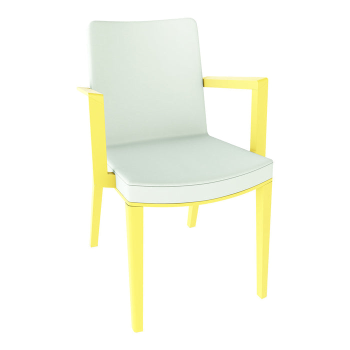 Modern chair featuring a light gray seat and backrest with vibrant yellow arms and legs. Stylish and colorful design.