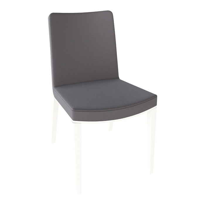 Gray upholstered chair with a sleek design and light-colored, transparent legs. Perfect for modern decor.