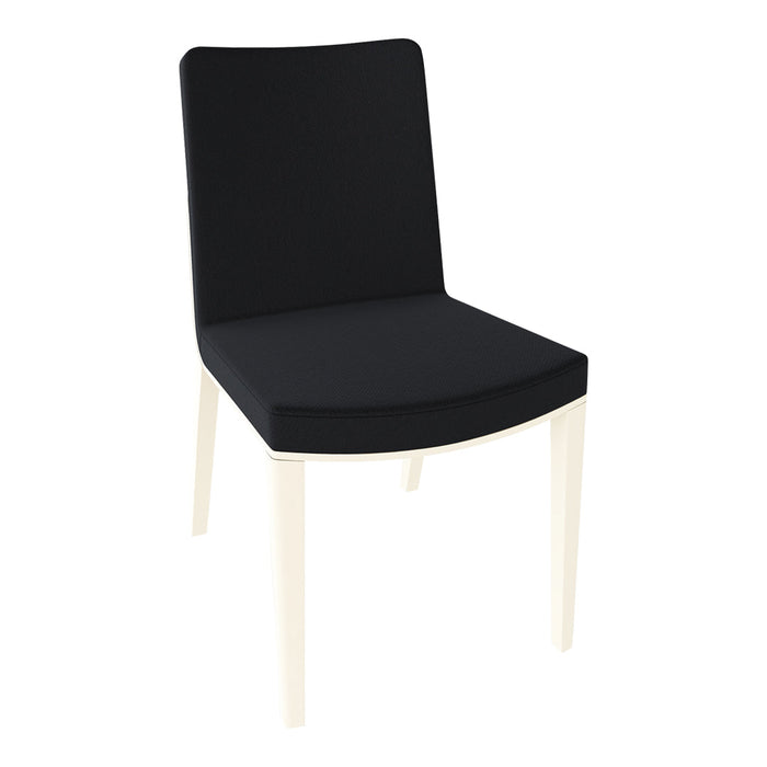Black upholstered dining chair with a simple design and light-colored wooden legs. Minimalist and modern style.