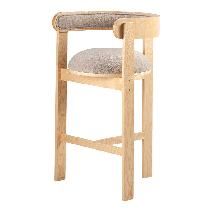 Light wood bar stool with a neutral beige cushion, featuring a smooth finish and simple, modern design.