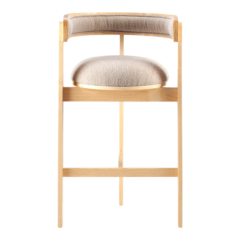 Beige upholstered stool with a light wood frame and subtle textured pattern, accented by gold detailing.
