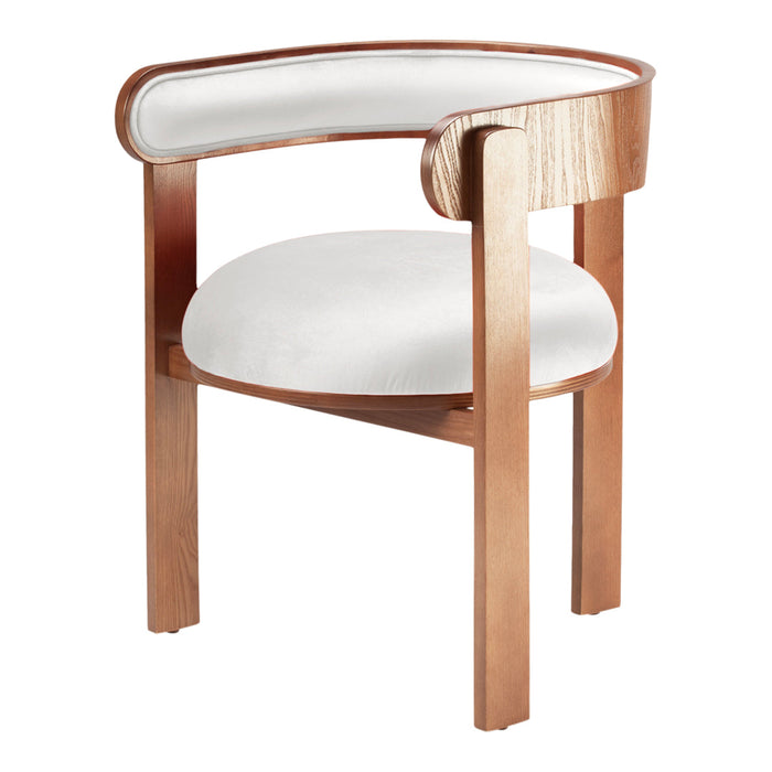 Modern wooden chair with a walnut finish, featuring a white soft upholstery and smooth curves.