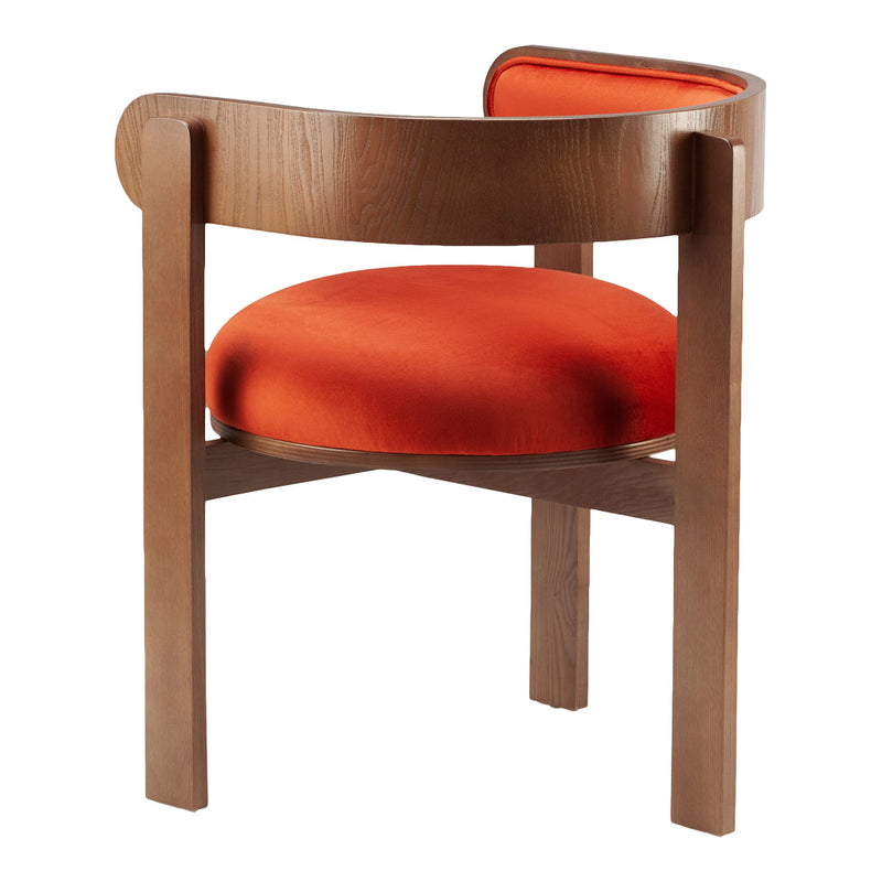Modern curved chair with a warm orange velvet cushion and light wood finish. Stylish and unique design.