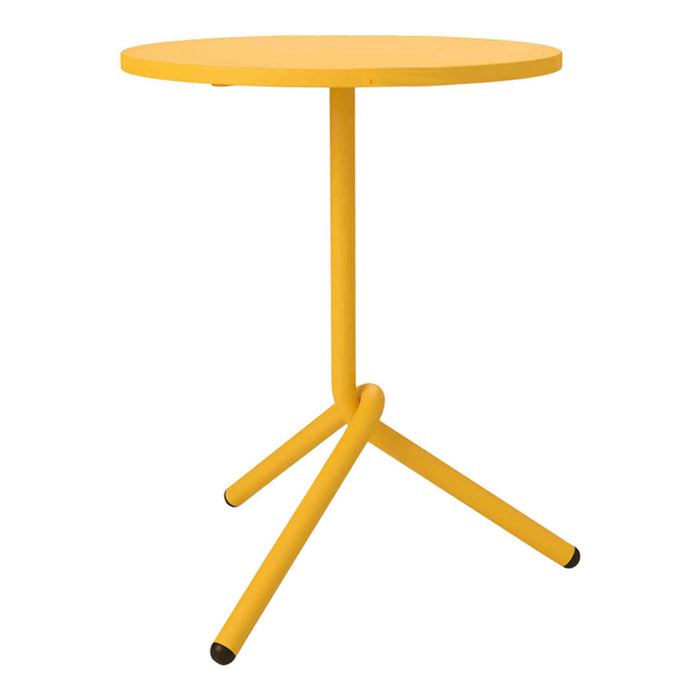 Bright yellow round side table with a minimalist design and tripod legs, perfect for modern decor.