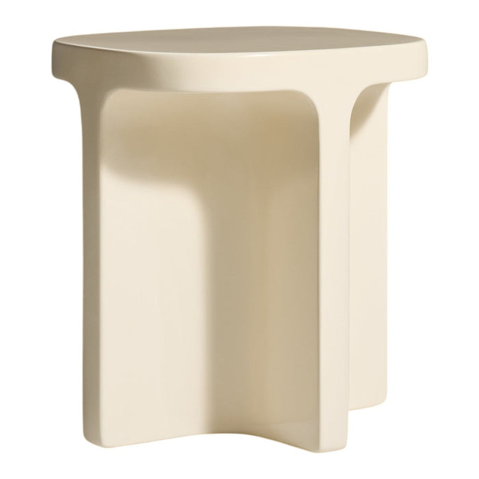 Minimalist beige side table with a sleek, smooth surface and modern geometric design. Ideal for contemporary decor.