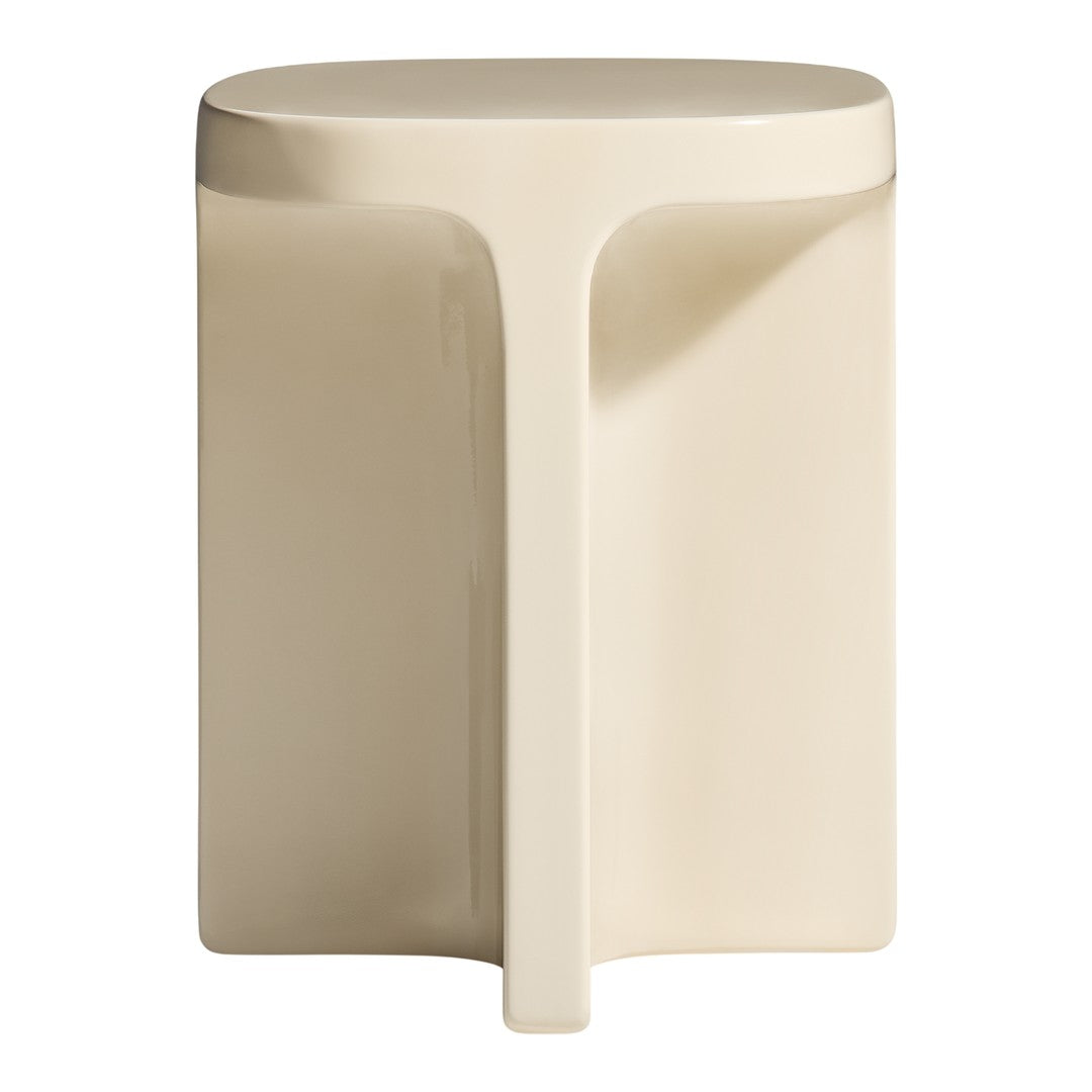 Beige modern stool with a sleek, minimalist design and smooth, glossy finish. Ideal for contemporary spaces.
