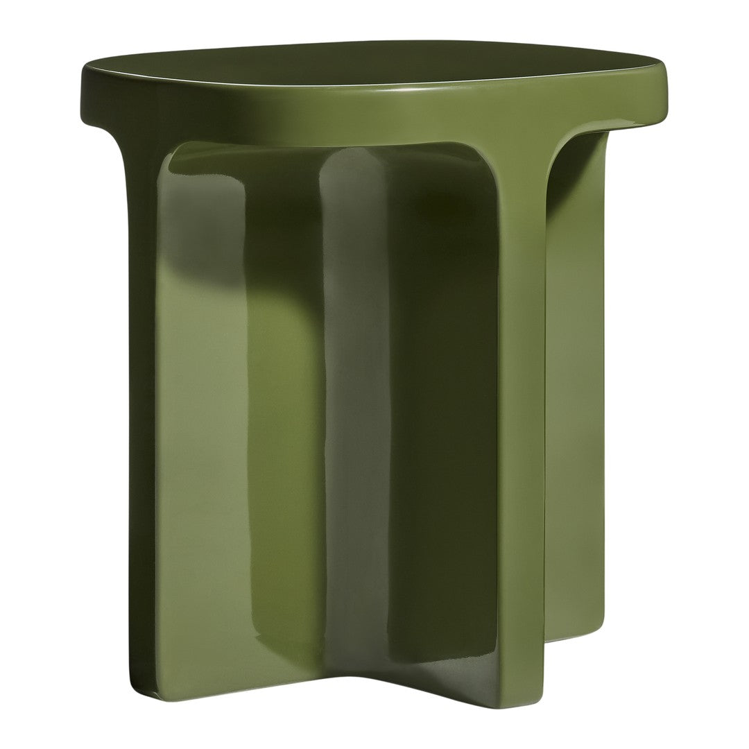 Green modern side table with smooth, glossy finish and geometric design. Perfect for contemporary decor.