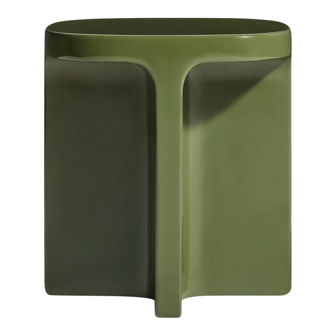 Olive green side table with a sleek, modern design and smooth finish. Ideal for contemporary decor.