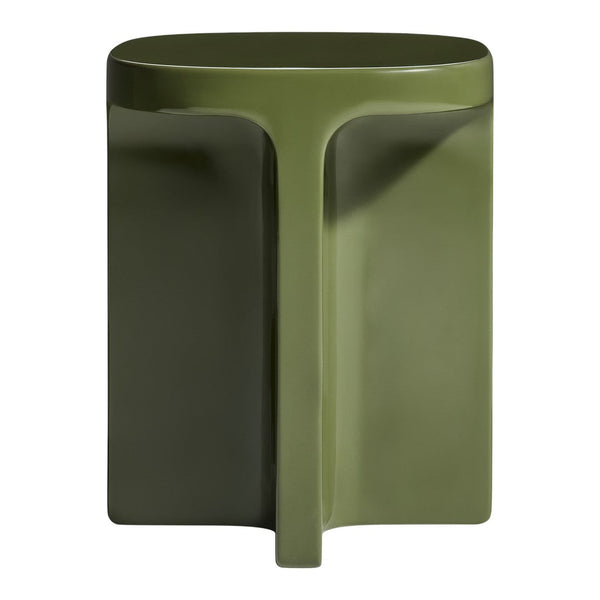 Green minimalist side table with a smooth, glossy finish and a unique T-shaped design. Perfect for modern decor.