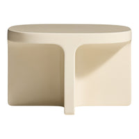 Beige contemporary side table with a smooth, minimalist design and rounded edges, perfect for modern decor.