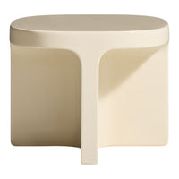 Cream-colored, modern side table with a sleek, minimalist design and smooth, rounded edges.